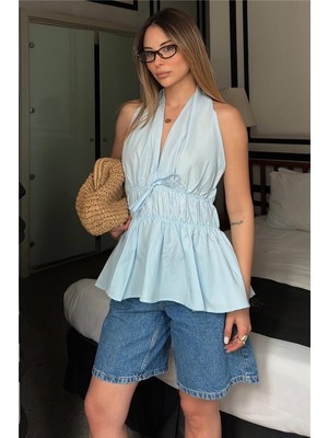 Swist Mavi Esi Boyundan Geçme Bel Lastikli Poplin Volanlı Kadın Bluz