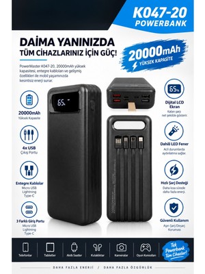 Tekno Hediye Powermaster 20000MAH Powerbank Dijital Ekranlı 4 USB 3 Kablo Type-C Lightning Micro USB LED Fener