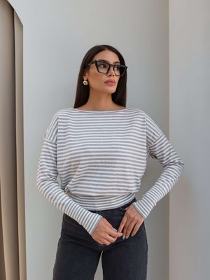 Esra Helvacı Çizgili Tek Omuz Ince Triko Kazak