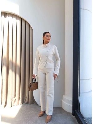 Esra Helvacı Denim Asimetrik Ceket Pantolon Takım