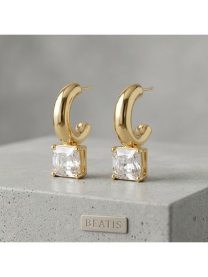 Beatis Gold Dolgun Halka Küpe Kare Zirkon Taşlı Şık Kadın Küpe ALY-410