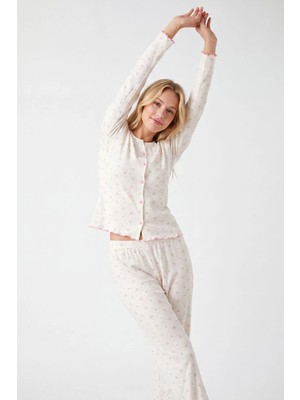 Nbb Ekru Çiçekli Düğmeli Pijama Takımı