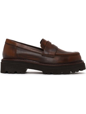 Derimod Kadın Kahverengi Kalın Tabanlı Deri Maskülen Loafer AF190069DV