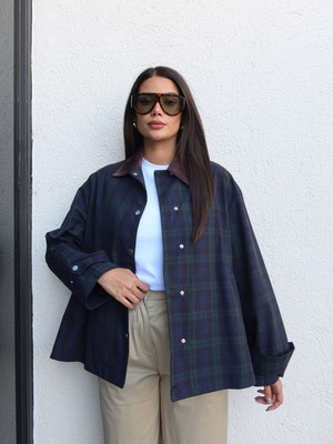 Esra Helvacı Kadife Yaka Ekoseli Trench