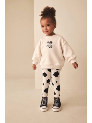 Babymod Milk Club Baskılı Bej Sweatshirt ve Çicek Desenli Taytlı 2'li Kız Çocuk Takım