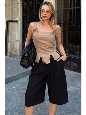 Swist Vizon Gesi Bel Dilimli Kalın Askı Sırt Fermuar Kadın Crop Bluz