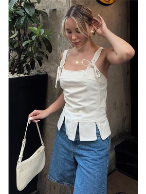 Swist Bej Gesi Bel Dilimli Kalın Askı Sırt Fermuar Kadın Crop Bluz