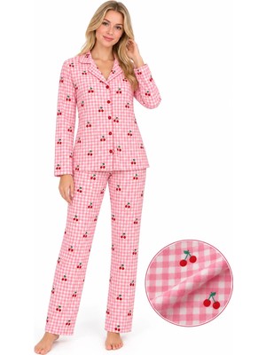 Fames Kadın Süet Düğmeli Mevsimlik Ekose Desen Pembe Pijama Takımı