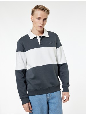 Koton Renk Bloklu Nakışlı Polo Yaka Uzun Kollu Sweatshirt
