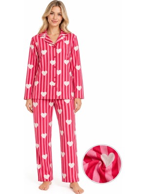 Fames Kadın Süet Düğmeli Mevsimlik Çizgili Kalp Desen Pijama Takımı