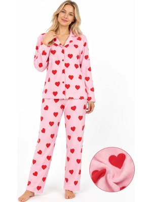 Fames Kadın Süet Düğmeli Mevsimlik Kalp Desen Pudra Pijama Takımı