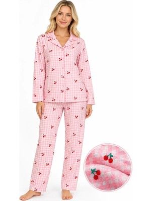 Fames Kadın Süet Düğmeli Mevsimlik Ekose Desen Pudra Pijama Takımı