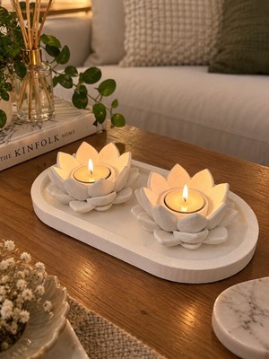 Bubu Home Taş Tozu Zarif Lotus Dekoratif Mumluk 2 Li Set Şık Görünüm ve Modern Tasarım