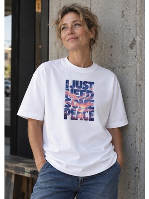 Leftist Leftıst I Just Need Some Peace Baskılı Beyaz Oversize Unisex Pamuklu Tişört