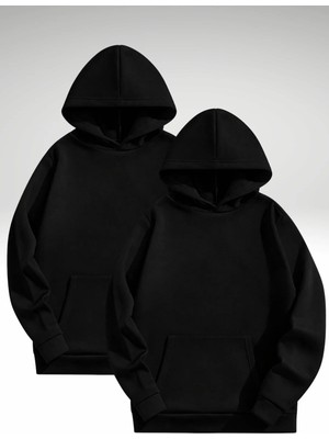 Kozz Style 2li Unisex Siyah+Siyah Basic Sweatshirt Hoodie