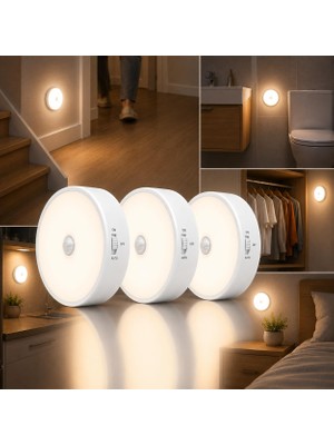 Sensörlü LED Lamba Seti – USB Şarjlı Hareket Sensörlü Gece Lambası, Manyetik Kablosuz Aydınlatma, Dolap, Merdiven, Yatak Odası ve Banyo Için (3'lü Paket)