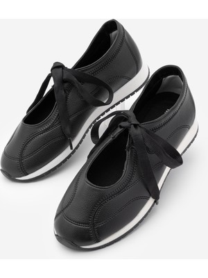 Marjin Kadın Bağcıklı Mary Jane Yuvarlak Burun Spor Babet Sneaker Leyro Siyah