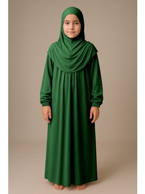 Sonbahar Moda Kız Çocuk Tesettür Elbisesi Tek Parça Namaz Kıyafeti Tak Çıkar Başörtülü Pamuklu Lastikli Kolu