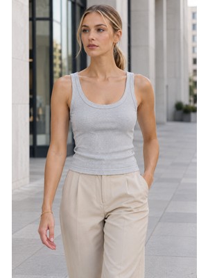 Quhox Kadın U Yaka Kaşkorse Atlet – Fitilli Basic Model  Grii