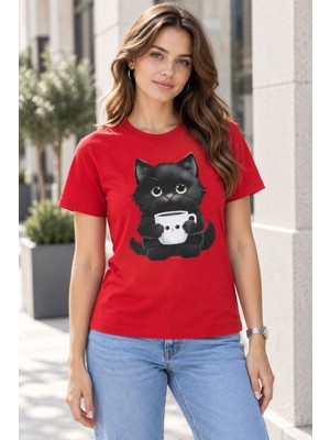 Quhox Kadın Kedi Baskılı Bisiklet Yaka Tişört Kırmızı
