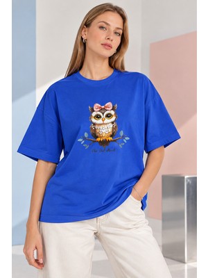 Quhox Kadın Oversize Baykuş Baskılı Bisiklet Yaka T-Shirt Sax