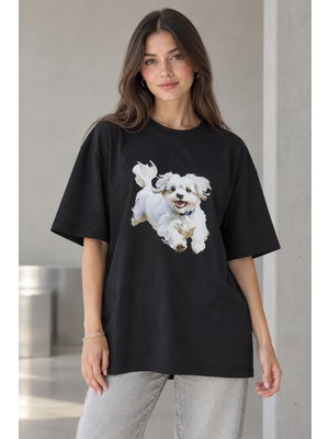 Quhox Kadın Oversize Köpek Baskılı Bisiklet Yaka T-Shirt Siyah