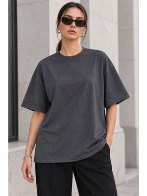 Quhox Kadın Oversize Bisiklet Yaka Basic T-Shirt Antrasit