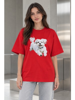 Quhox Kadın Oversize Köpek Baskılı Bisiklet Yaka T-Shirt Kırmızı