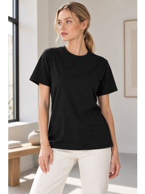Quhox Kadın Bisiklet Yaka Kısa Kollu Basic T-Shirt Siyah