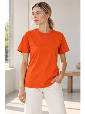 Quhox Kadın Bisiklet Yaka Kısa Kollu Basic T-Shirt  Turuncu