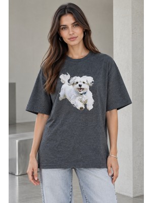 Quhox Kadın Oversize Köpek Baskılı Bisiklet Yaka T-Shirt Antrasit