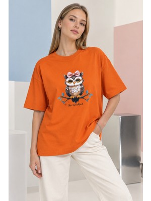 Quhox Kadın Oversize Baykuş Baskılı Bisiklet Yaka T-Shirt Turuncu