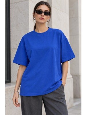 Quhox Kadın Oversize Bisiklet Yaka Basic T-Shirt Sax