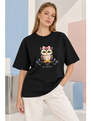 Quhox Kadın Oversize Baykuş Baskılı Bisiklet Yaka T-Shirt  Siyah