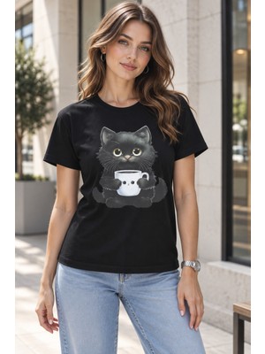 Quhox Kadın Kedi Baskılı Bisiklet Yaka Tişört Siyah
