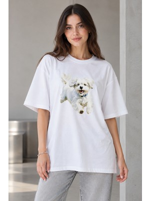 Quhox Kadın Oversize Köpek Baskılı Bisiklet Yaka T-Shirt Beyaz