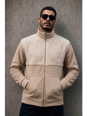 Oksit Ozo Erkek Göğüs Pelüş Detaylı Fermuarlı Cepli Mevsimlik Üç Iplik Sweat Ceket Polar