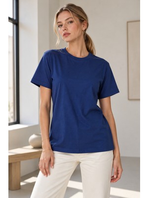 Quhox Kadın Bisiklet Yaka Kısa Kollu Basic T-Shirt Indigo