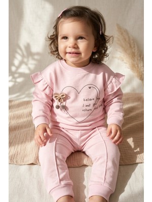 Hoppa Kız Bebek Pembe Kalp Baskılı Fırfırlı Sweatshirt ve Pantolon Takımı - %100 Pamuklu Şık Ikili Kombin