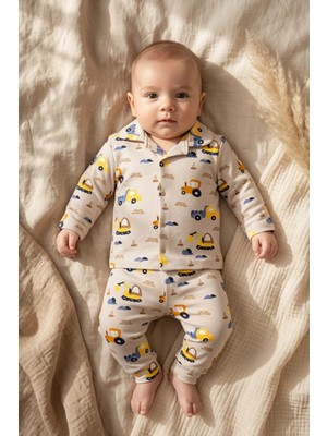 Hoppa Erkek Bebek ve Çocuk Kahve Iş Makineleri Desenli %100 Pamuklu Düğmeli Pijama Takımı - Premium Pijam