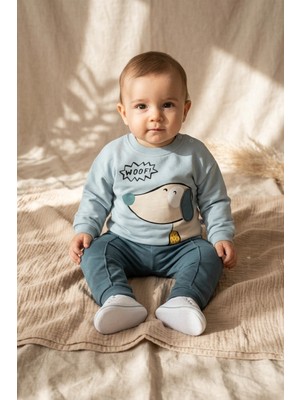 Hoppa Pawsy Cotton Köpek Figürlü 2'li Bebek Takımı - Pamuklu Mint Yeşili Sweatshirt ve Mint Pantolon Seti