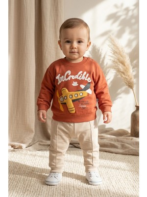 Hoppa Sky Explorer %100 Pamuklu Erkek Bebek Takımı - Kiremit Uçak Nakışlı Sweatshirt ve Bej Pantolon Komb