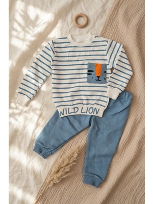 Hoppa Wild Lion Çizgili 2'li Erkek Bebek Takımı - %100 Pamuklu Modern Safari Tasarımı