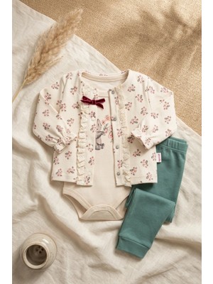 Hoppa Lila Flora Kız Bebek 3'lü Kombin Set - Çiçek Desenli Fırfırlı Hırka, Grafik Baskılı Body ve Adaçayı
