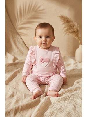 Hoppa Kız Bebek Fırfırlı Kalp Nakışlı 2'li Takım - %100 Pamuklu Pembe Sweatshirt ve Desenli Tayt Kombini