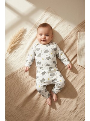 Hoppa Nube Hippo %100 Pamuklu Uzun Kollu Body ve Pantolon 2'li Bebek Takımı - Ekru Melanj Desenli Unisex