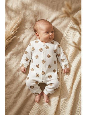 Hoppa Milo Unisex Bebek Tulum - Ayıcık Desenli Beyaz Pamuklu Fitilli Uzun Kollu Çıtçıtlı Body