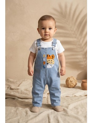 Hoppa Bebek Denim Salopet ve Beyaz Tişört Takımı - Safari Nakışlı Pamuklu Jean Bahçıvan Tulum Seti - Açık