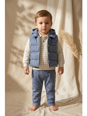 Hoppa Hippıl Erkek Bebek Dusty Blue Fitilli Kapüşonlu Yelek, Ekose Sweatshirt ve Pantolon 3'lü Kombin Tak