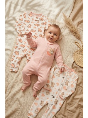 Hoppa Kız Bebek 3'lü Set Pamuklu Fitilli Bebek Tulum Seti - Ayıcıklı ve Kalp Desenli Pembe/ekru Fermuarlı